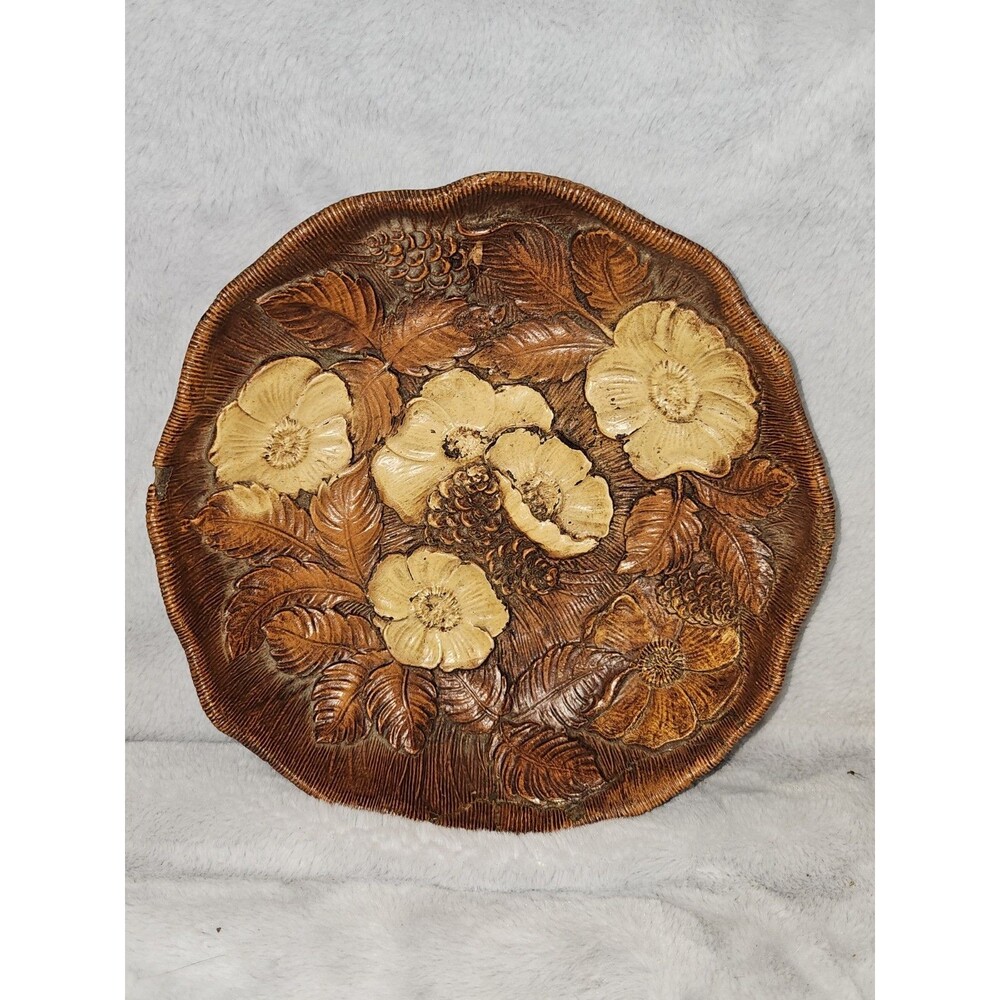 Vintage Hand Carved Wooden Floral Bowl Leaf Flower Design Rustic 9”